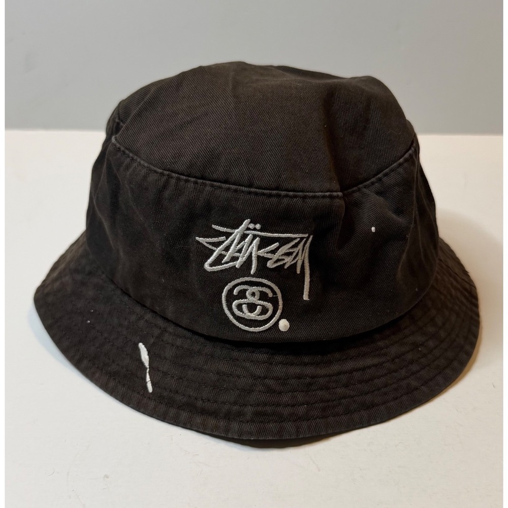 Vintage Stussy Bucket Hat Unisex OS Black Cotton Logo Paint Splatter Distressed
